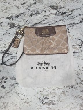 Coach Tan and Brown Signature Wristlet with Gold Hardware
